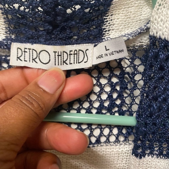 RETRO THREADS navy blue white stripes long sleeve knitted cardigan size L - Picture 3 of 3